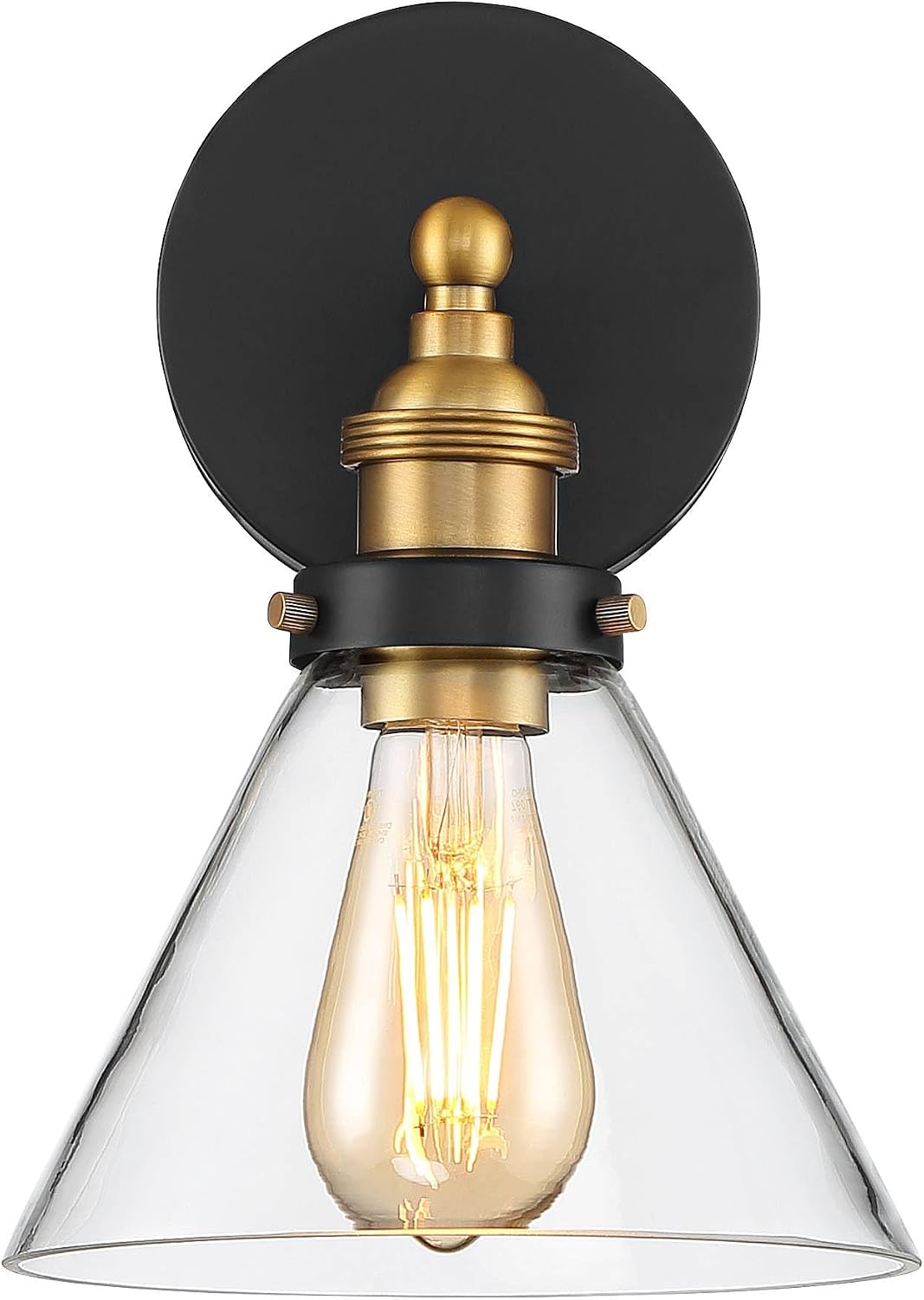 360 Lighting Burke Modern Industrial Wall Light Sconces Set of 2 Black and Brass Hardwire 7 1/4' Fixture Clear Glass Cone Shade for Bedroom Bathroom Bedside Vanity Living Room Home Hallway