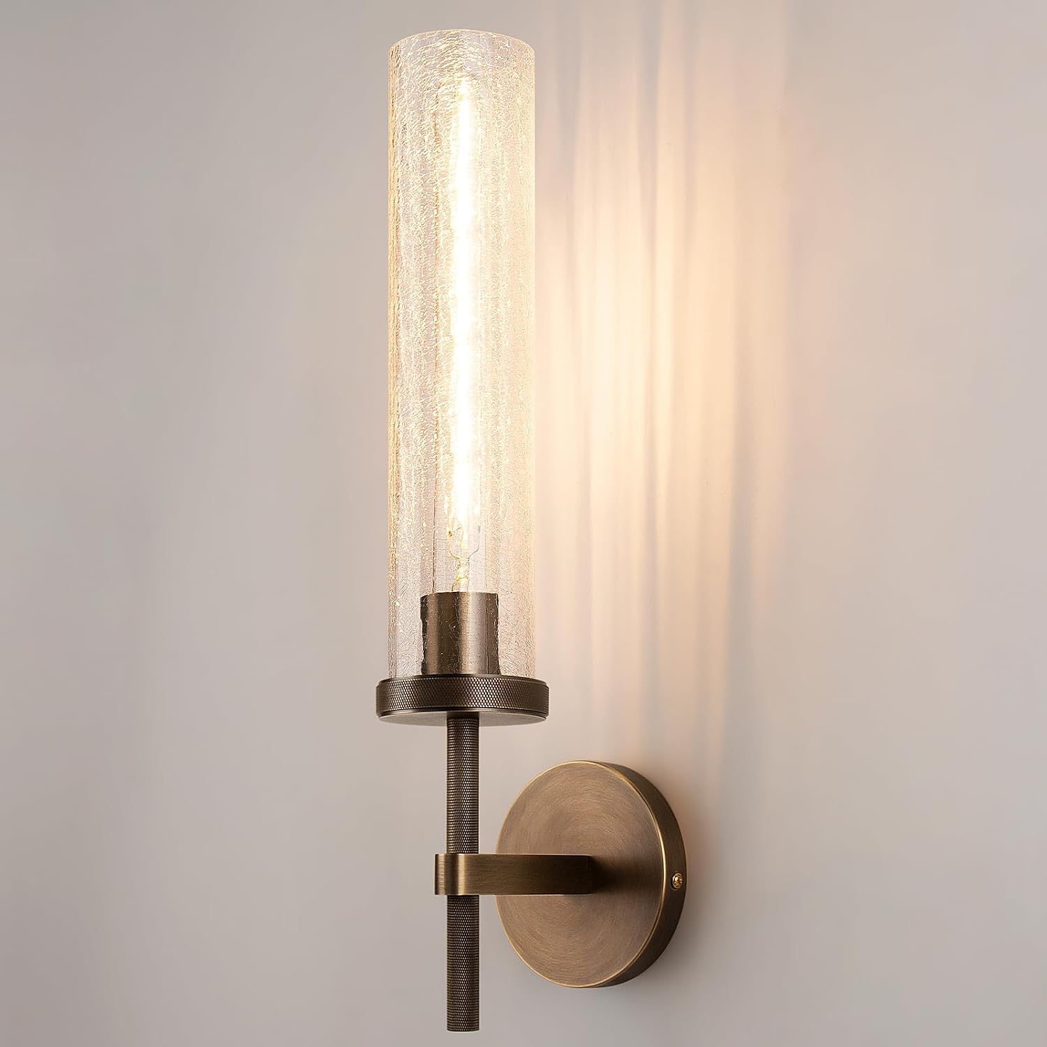 19.5' Knurled Brass Wall Sconce with Crackle Glass Tube, Bronze Bathroom Vanity Light Fixtures, Modern Lamp Lighting for Bedroom, Living Room, Hallway, Staircase, Mirror, Kitchen
