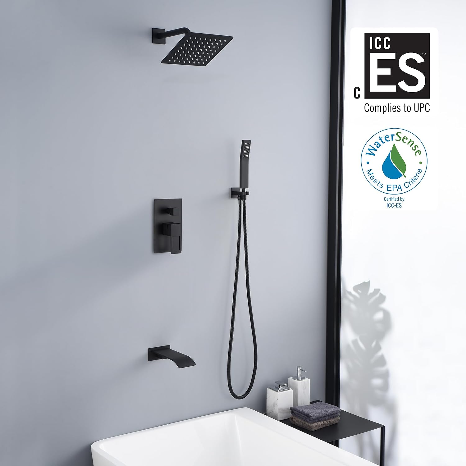 sumerain Matte Black Shower Faucet Set with Waterfall Tub Spout and Handheld Shower Head, Anti-scalding Pressure Balance Valve