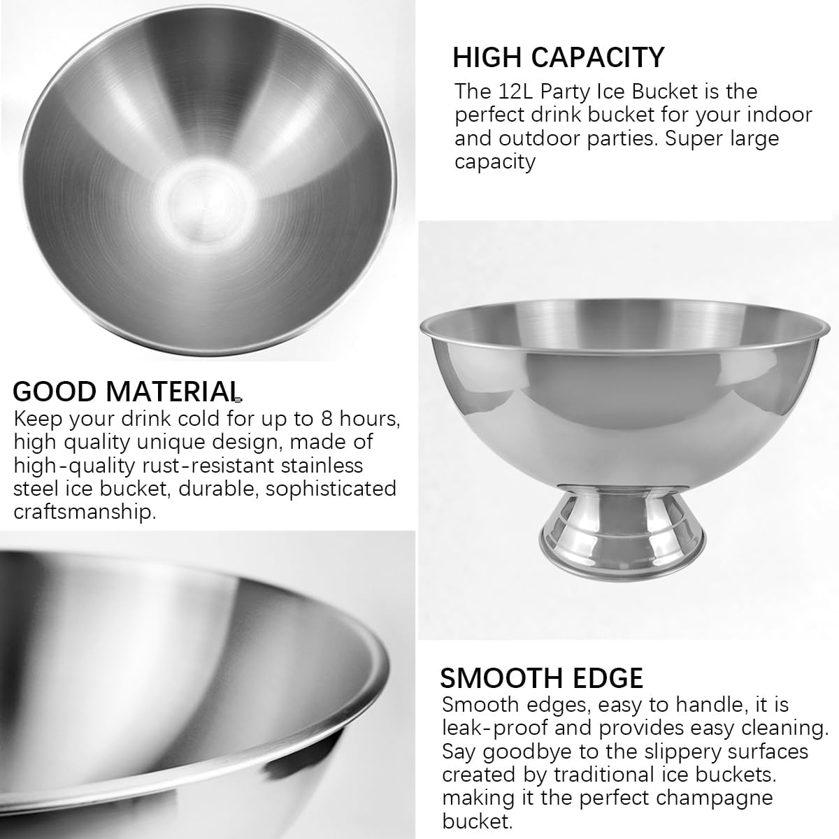 3 Gallon 12L Insulated Ice Bucket Champagne Bowl with Base Large Size Ice Bowl for Wine, Champagne or Beer Bottles Parties and Home Bar（Silver）