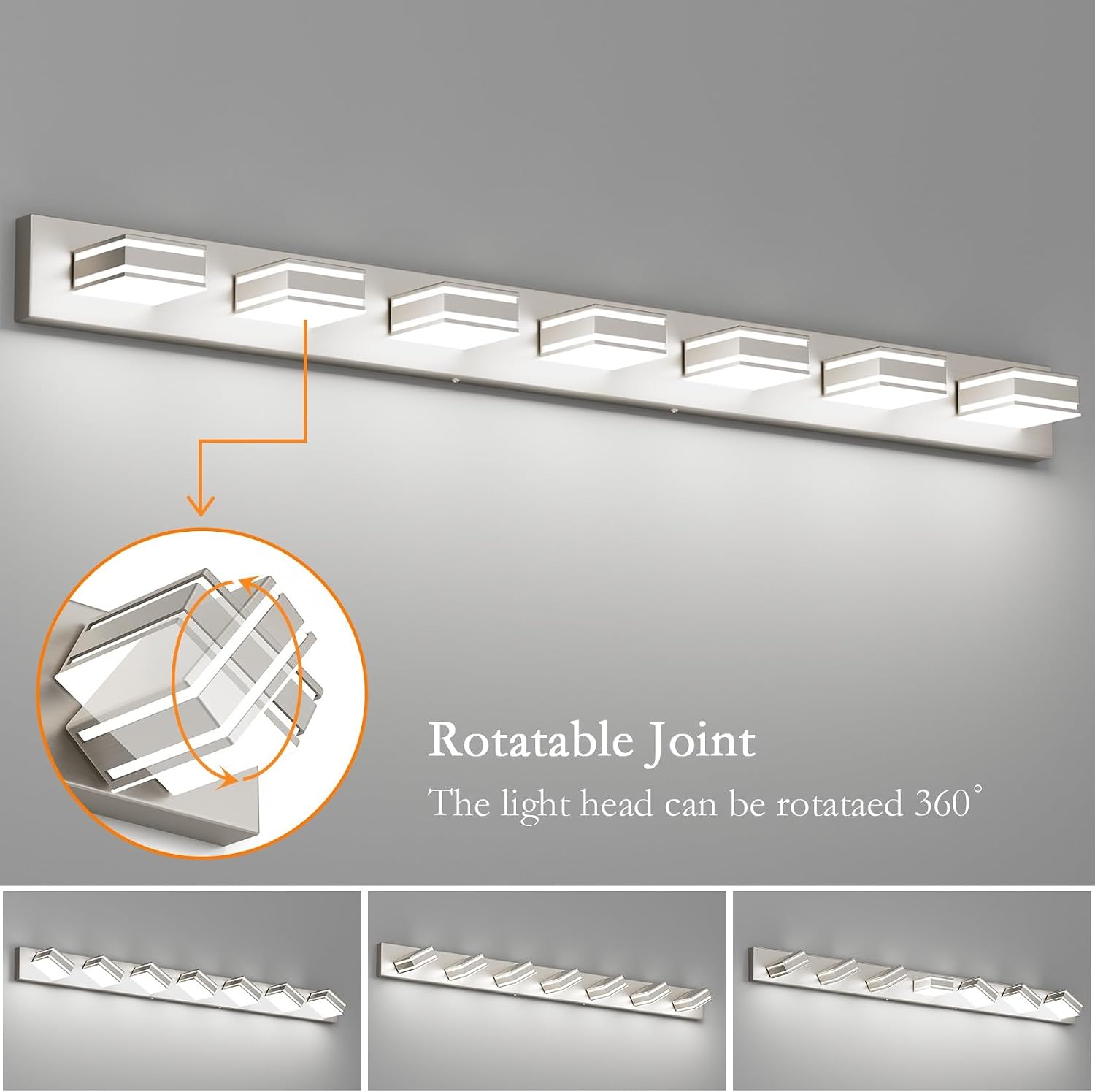 Ralbay 55inch Brushed Nickel Vanity Light for Bathroom 7-Light Metal Acrylic Modern LED Bathroom Light Fixtures