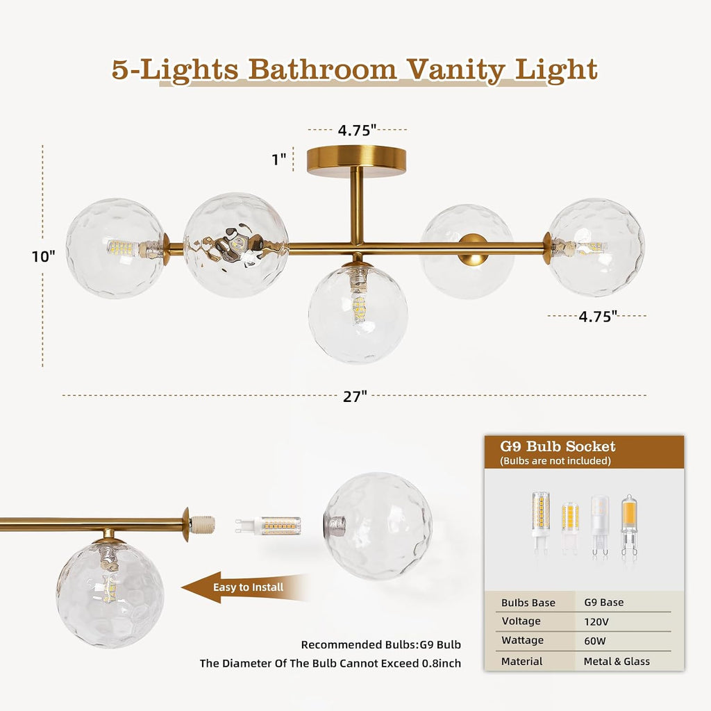 Bathroom Vanity Mirror Light Fixtures: Dimmable 5 Lights Bath Wall Sconce Lighting - Brass Gold Vanity Lights with Hammered Clear Glass Shade - Modern Minimalist Makeup Light Above Mirror G9 Base