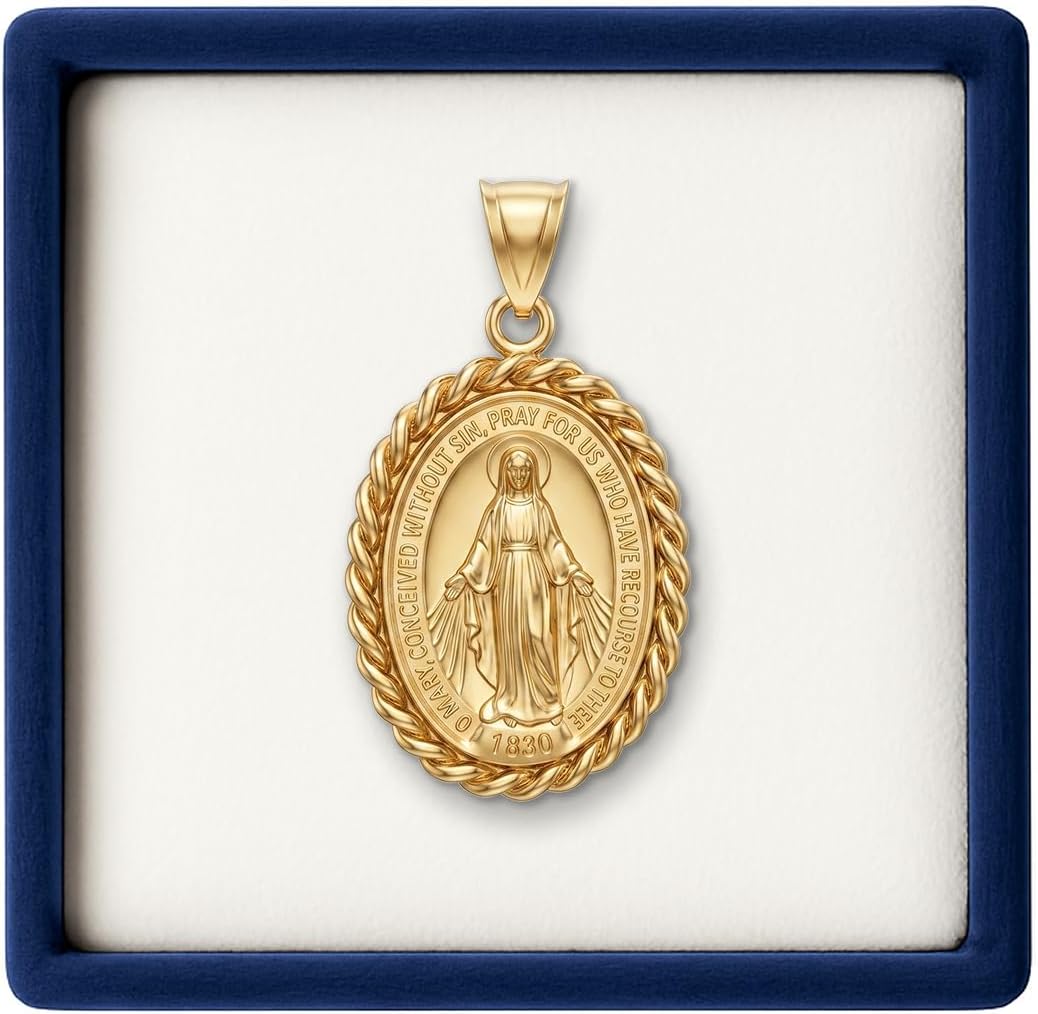 Cross+Crown Premium 14K Yellow Gold Virgin Mary Miraculous Medal for Women & Men, Durable Double-Bonded 14K Yellow Gold Virgin Mary Pendant for Necklace, Women & Mens Gold Virgin Mary Medal, Handcrafted Religious Jewelry in the USA