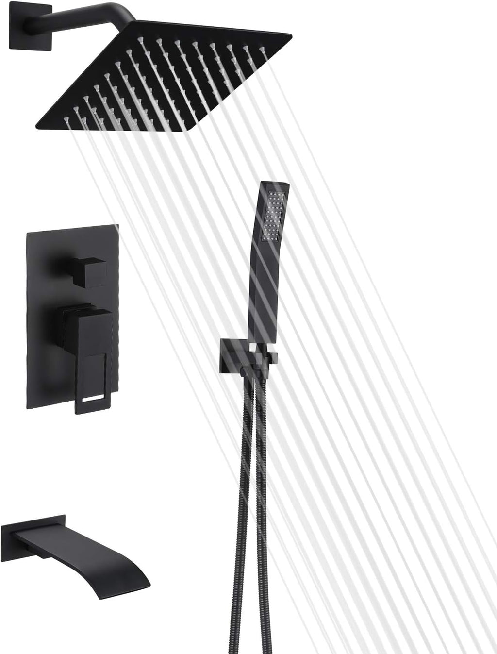 sumerain Matte Black Shower Faucet Set with Waterfall Tub Spout and Handheld Shower Head, Anti-scalding Pressure Balance Valve