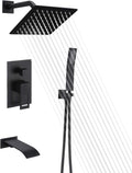 sumerain Matte Black Shower Faucet Set with Waterfall Tub Spout and Handheld Shower Head, Anti-scalding Pressure Balance Valve