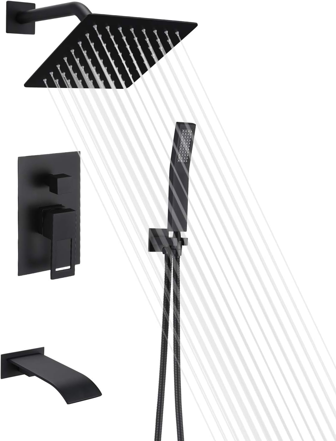 sumerain Matte Black Shower Faucet Set with Waterfall Tub Spout and Handheld Shower Head, Anti-scalding Pressure Balance Valve