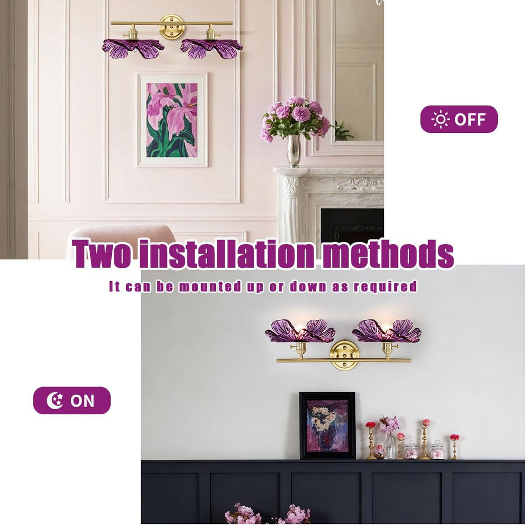 Purple Glass Wall Sconce, 2-Light Gold Bathroom Vanity Lights Over Mirror with Petal Glass Shade, Indoor Art Decor Wall Mount Light for Girl Room Doorway Hallway