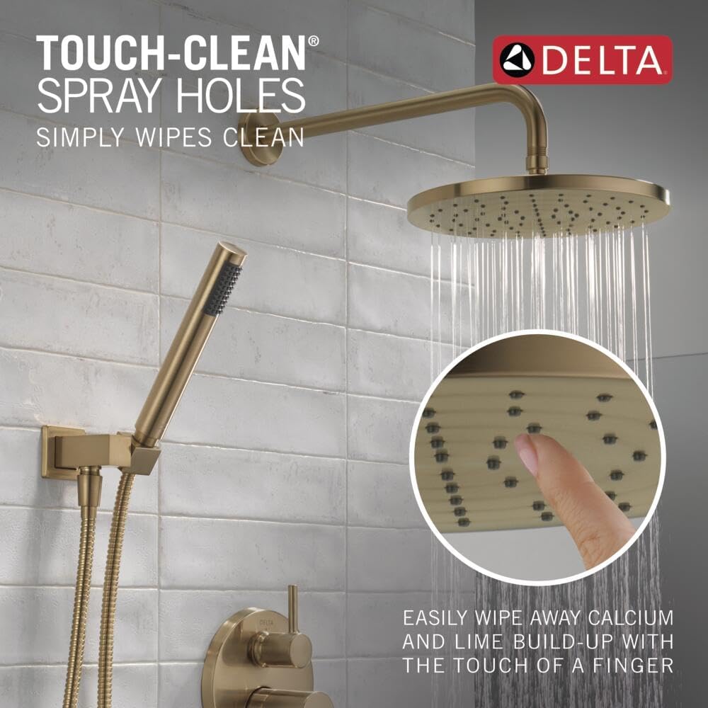 Delta Modern 14 Series Round Rain Shower System Faucet Set, Rainfall Brushed Gold Shower Head and Handle Set, Valve Trim Kit, 10 Inch, Champagne Bronze 342702-CZ