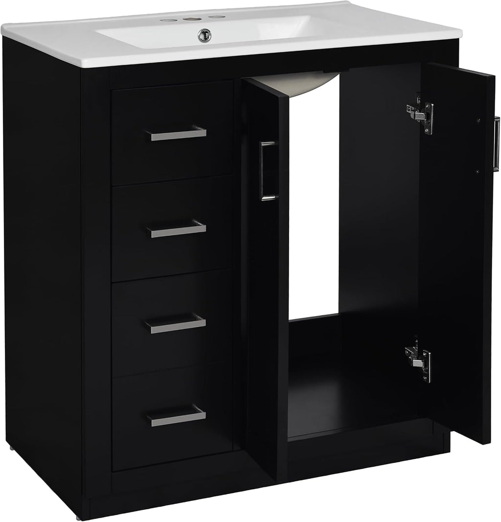 30 Inch Black Bathroom Vanity with Sink and Countertop,Solid Wood Frame Bathroom Cabinet with Sink,Modern Sink Storage Cabinet with 3 Drawers & Soft Closing Doors,Sliver Handles