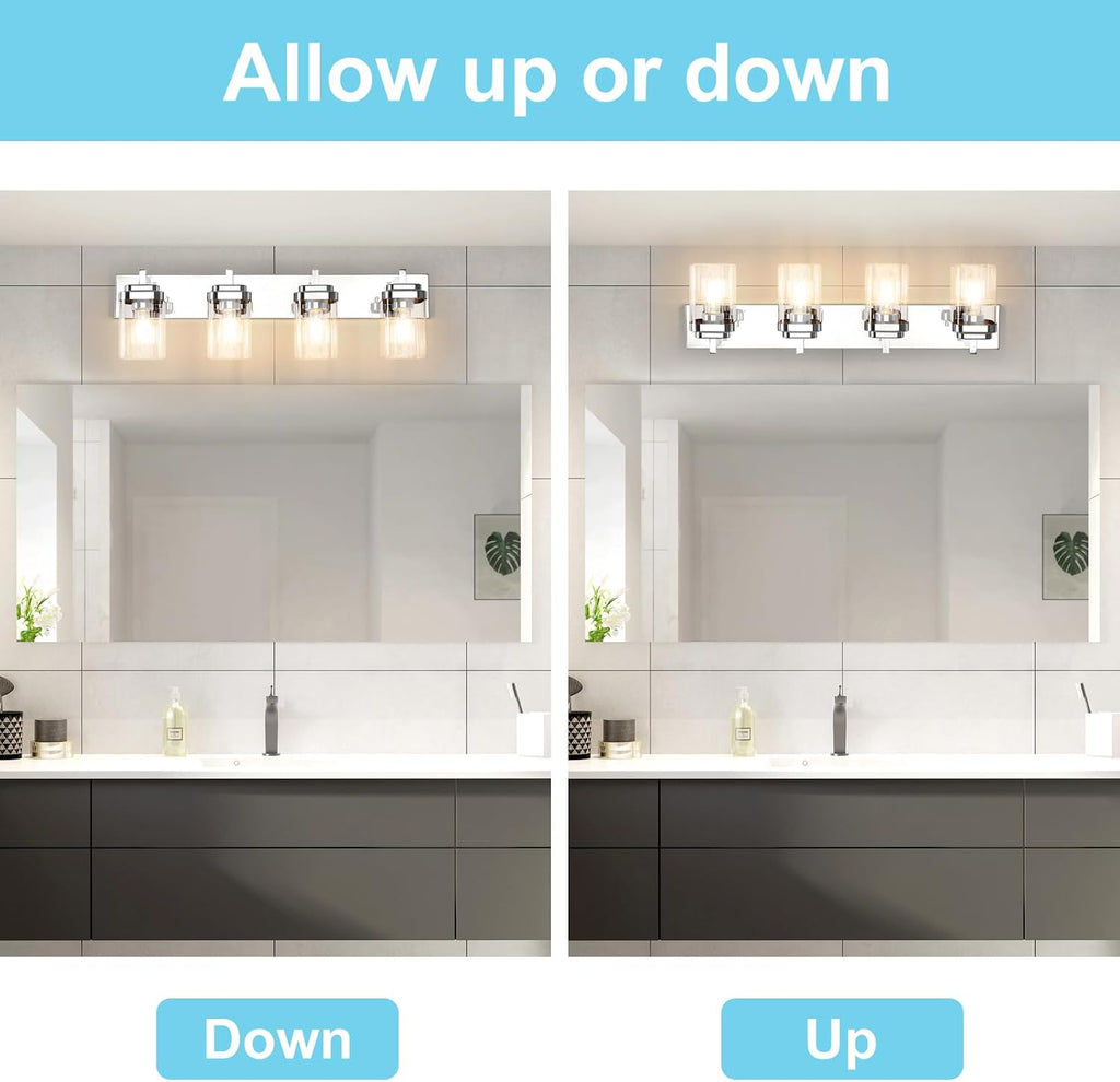 4-Light Vanity Light Fixture, Bathroom Wall Sconces, Bathroom Vanity Lighting Over Mirror | Square Clear Glass Shade | Bulbs Not Included | E26 Socket | Chrome
