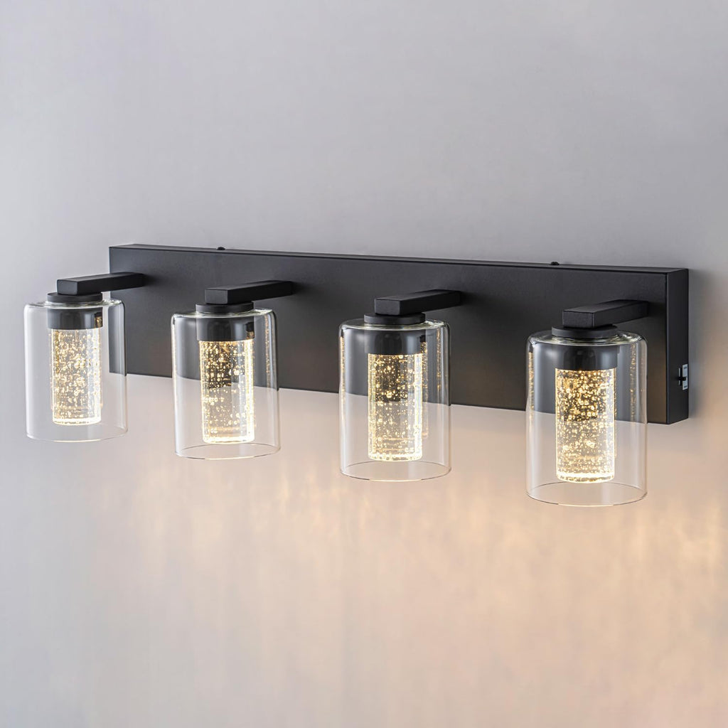 SineRise Black Vanity Light (4-Light, 24-Inch), (3000K/4000K/6000K, Dimmable), Eye Protection LED Bathroom Light Fixture, Modern Wall Light Over Mirror with Clear Glass Shade