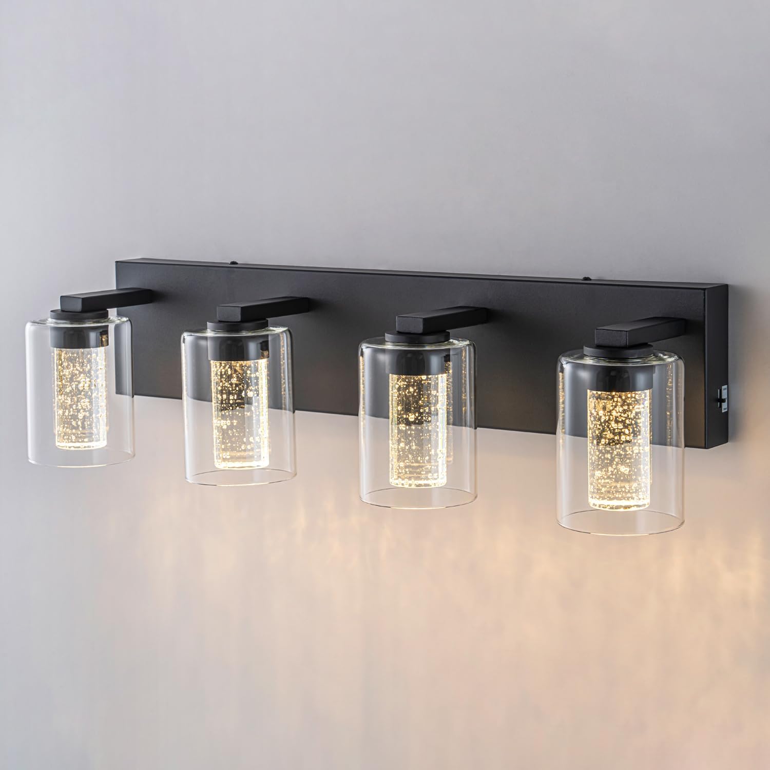 SineRise Black Vanity Light (4-Light, 24-Inch), (3000K/4000K/6000K, Dimmable), Eye Protection LED Bathroom Light Fixture, Modern Wall Light Over Mirror with Clear Glass Shade