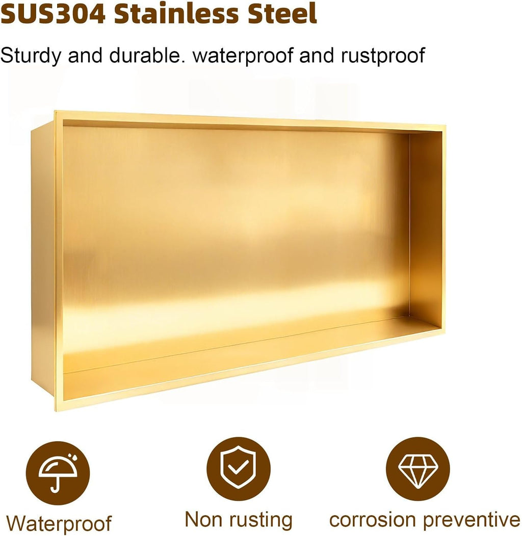 SaniteModar Shower Niche, Stainless Steel Shower Niche No Tile Needed, Recessed for Bathroom Storage (Brushed Gold, 16' x 28')