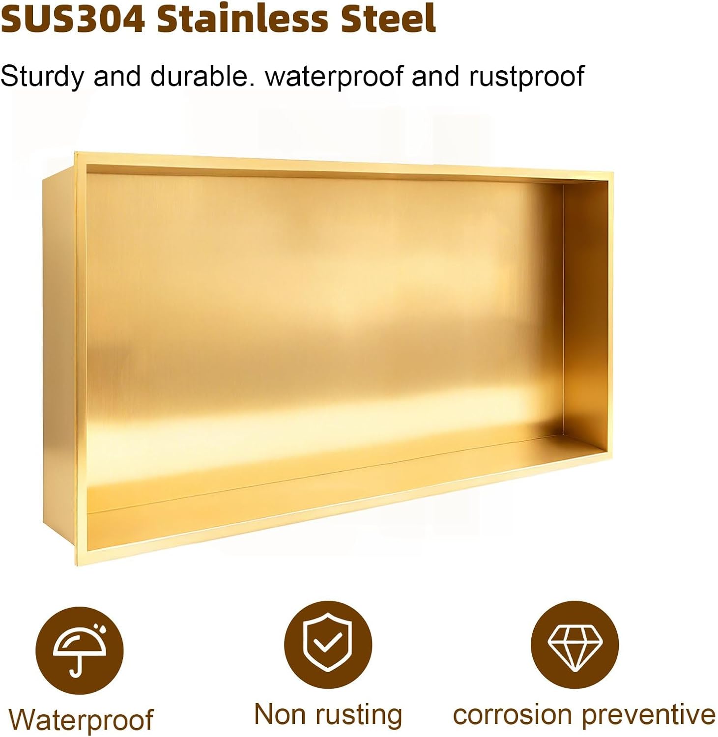 SaniteModar Shower Niche, Stainless Steel Shower Niche No Tile Needed, Recessed for Bathroom Storage (Brushed Gold, 16' x 28')