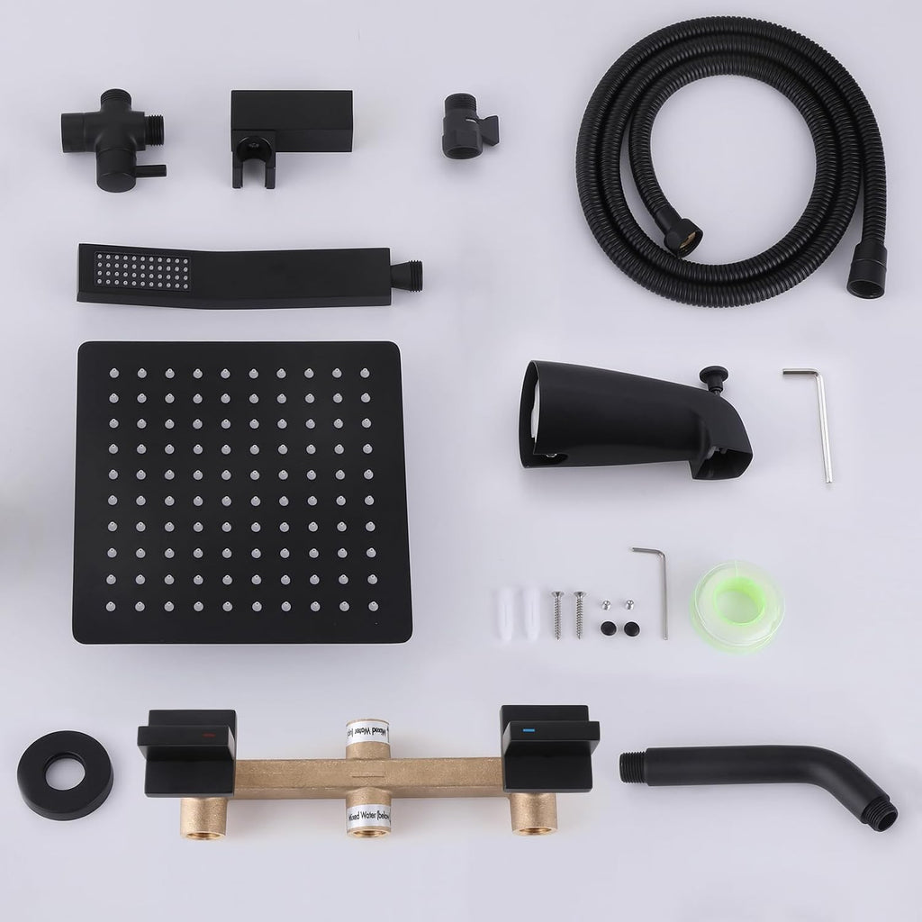 2 Handles Shower Faucet Set with Tub Spout Bathtub Shower Faucet Combo Set Shower System Complete Tub and Shower Trim Kit Matte Black