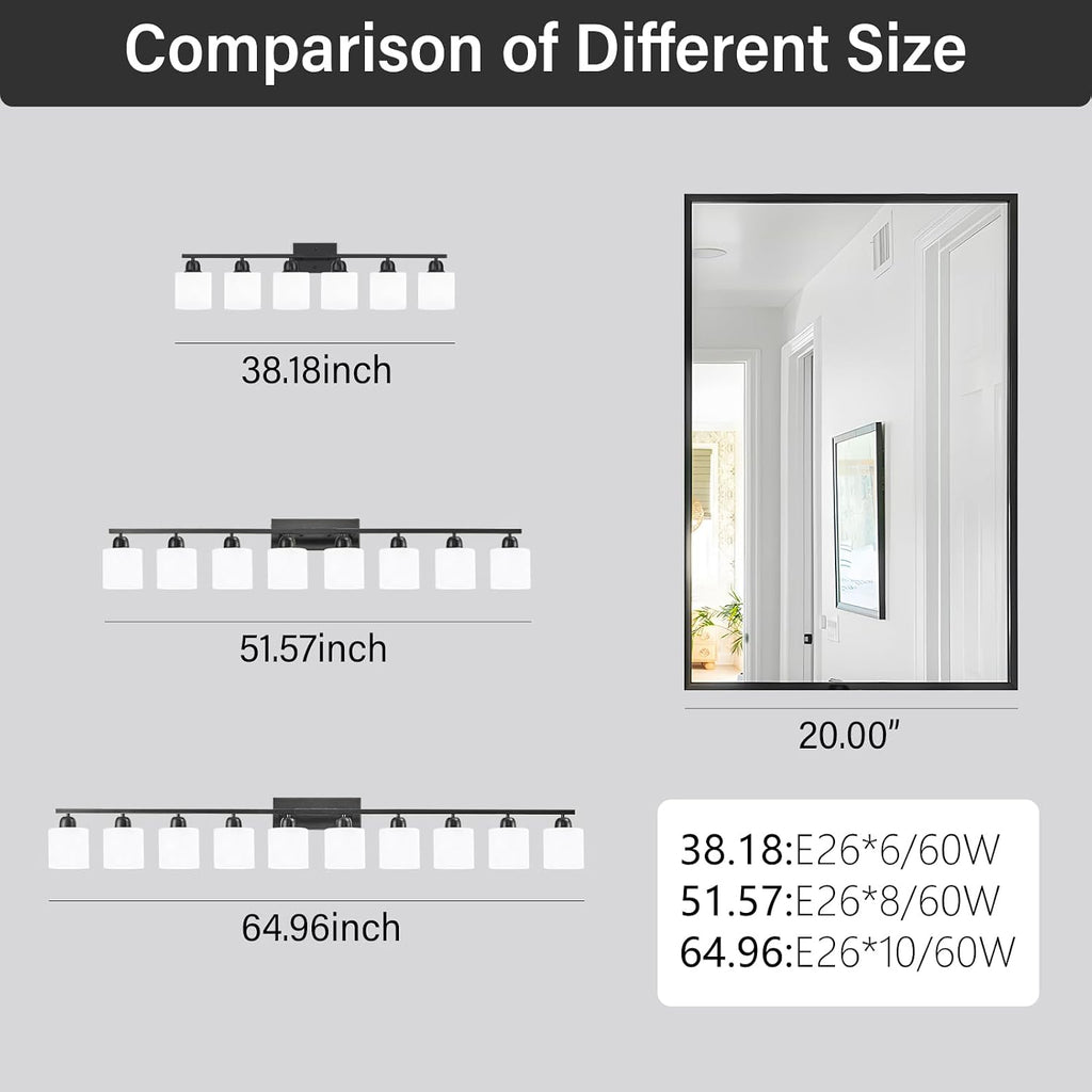 8 Light Black Bathroom Light Fixtures Over Mirror for Big Mirror, Modern Bathroom Lighting with Milky White Frosted Glass Shades,51 inch Lights for Vanity for Mirrors, E26