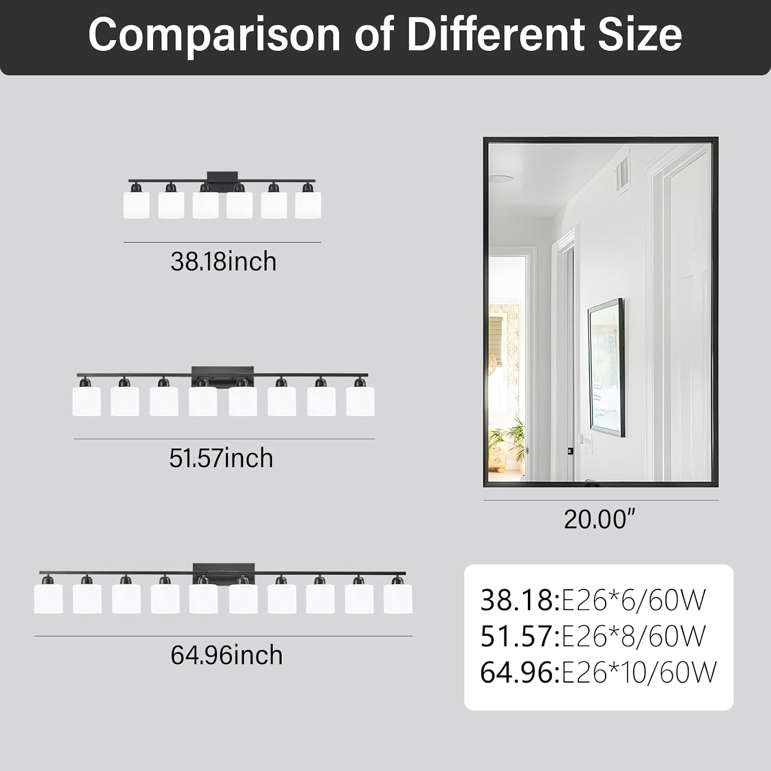 10 Light Black Vanity Lights for Giant Mirror, Bathroom Vanity Lights Over Mirror with Milky White Frosted Glass Shades,65 inch Bathroom Light Fixture for Mirrors, E26