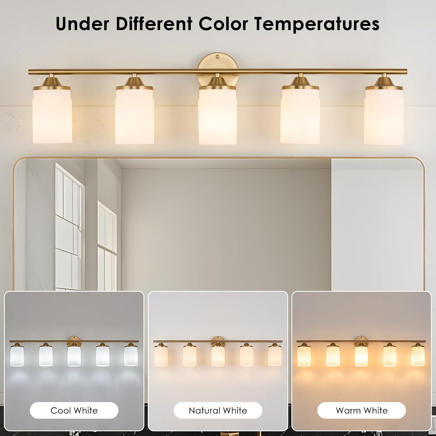 Jonsi Gold Bathroom Light Fixtures 5-Light Vanity Lights Modern Wall Sconce with Milk White Shade Brushed Brass Bathroom Light Fixture Over Mirror for Bedroom Hallway Kitchen