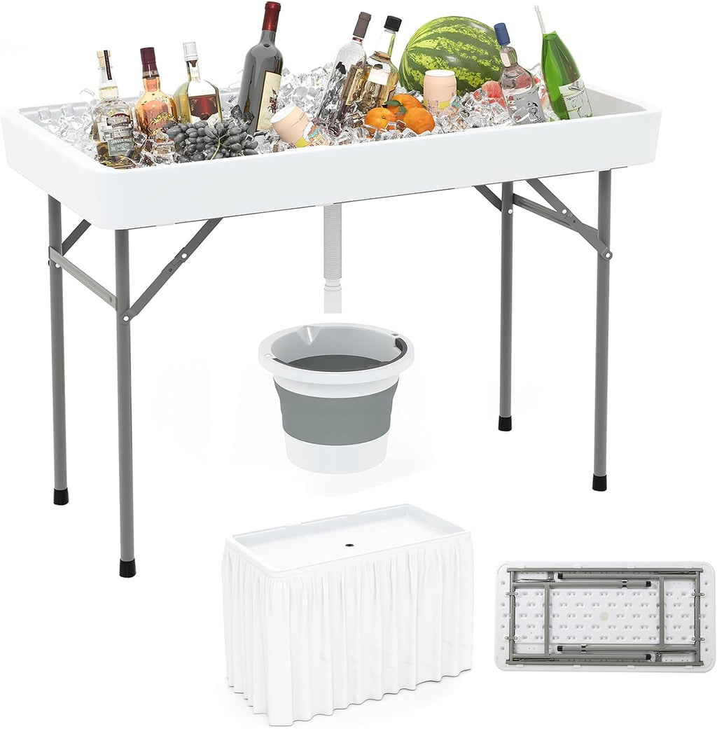 Giantex Folding Ice Cooler Table, 46'' Outdoor Chill Bar Table with Drain, Foldable Bucket & Removable Matching Skirt, for Events, Party, Camping, Buffet Beverage Server, White