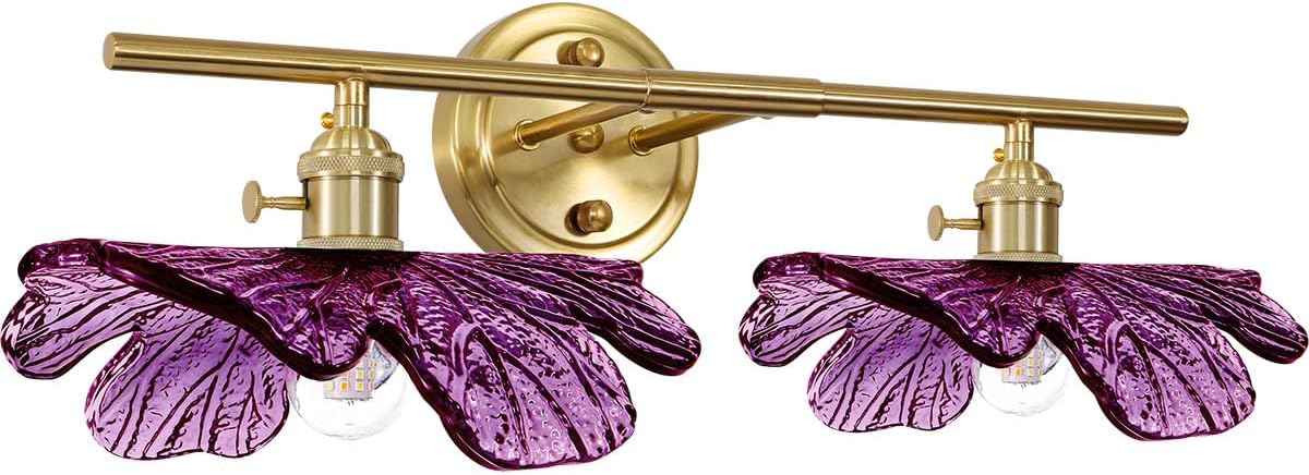 Purple Glass Wall Sconce, 2-Light Gold Bathroom Vanity Lights Over Mirror with Petal Glass Shade, Indoor Art Decor Wall Mount Light for Girl Room Doorway Hallway