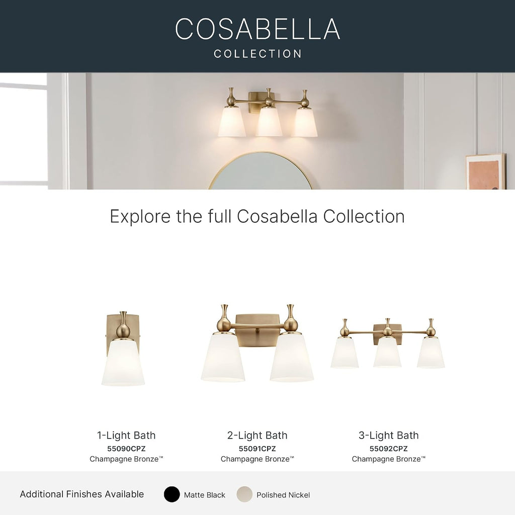 Kichler Cosabella 3-Light 24' Bathroom Vanity Light Fixture with Satin Etched Cased Opal Glass Shades in Champagne Bronze for Modern Bathrooms and Powder Rooms, 55092CPZ