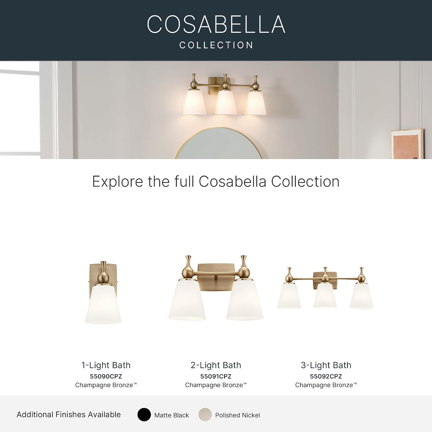 Kichler Cosabella 3-Light 24' Bathroom Vanity Light Fixture with Satin Etched Cased Opal Glass Shades in Champagne Bronze for Modern Bathrooms and Powder Rooms, 55092CPZ