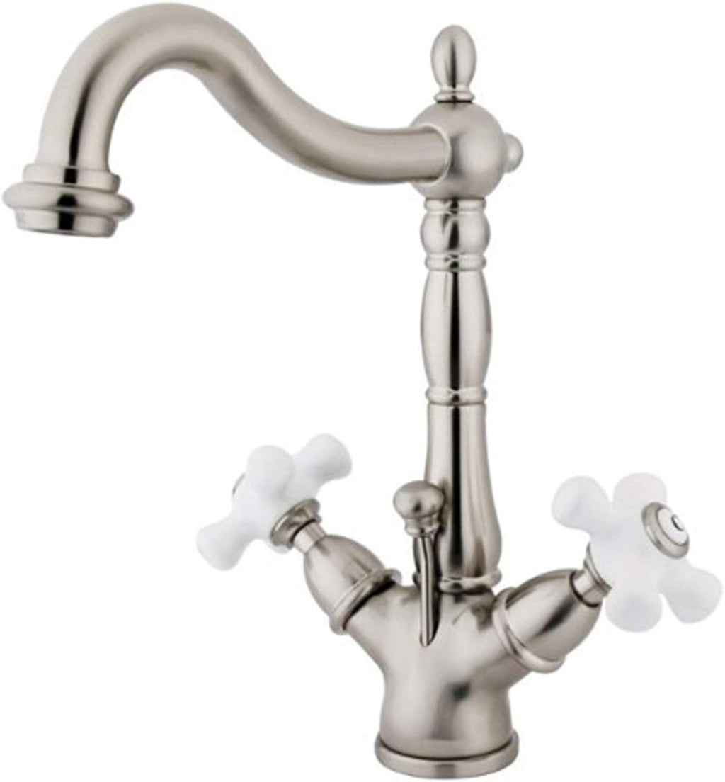 Kingston Brass KS1438PX Deck Mount Lavatory Faucet with Porcelain Cross Handle and Brass Pop-Up, 8-1/4', Brushed Nickel