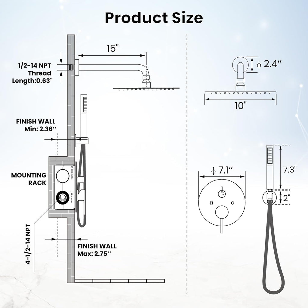 gotonovo Shower System 10 Inch Round Rainfall Showerhead Wall Mounted High Pressure Shower Faucet Set Fixture Combo with Rough in Valve and Cylindrical Handheld Spray, Matte Black