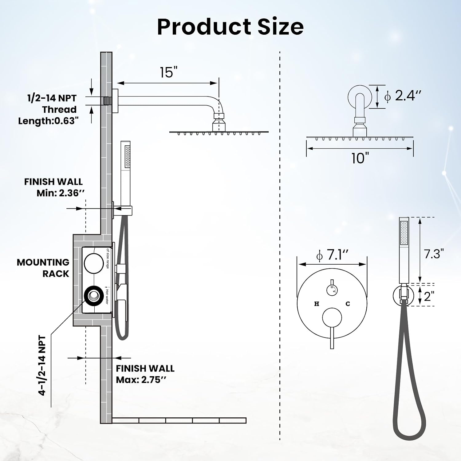 gotonovo Shower System 10 Inch Round Rainfall Showerhead Wall Mounted High Pressure Shower Faucet Set Fixture Combo with Rough in Valve and Cylindrical Handheld Spray, Matte Black