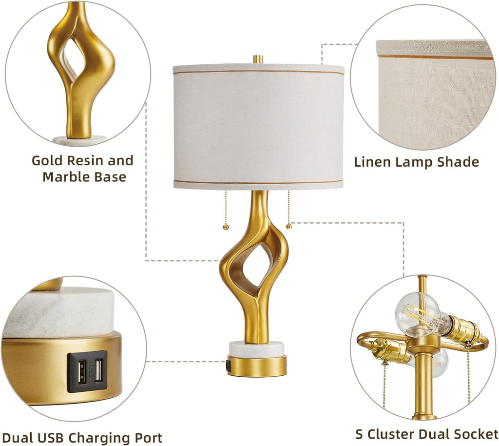 26' Modern Table Lamp Set of 2 for Living Room Bedroom, Gold Sculptural Table Lamp with 2 USB Ports, Resin Desk Lamps Marble Base with Double Pull Chains for Bedside End Tables, Bulb Included