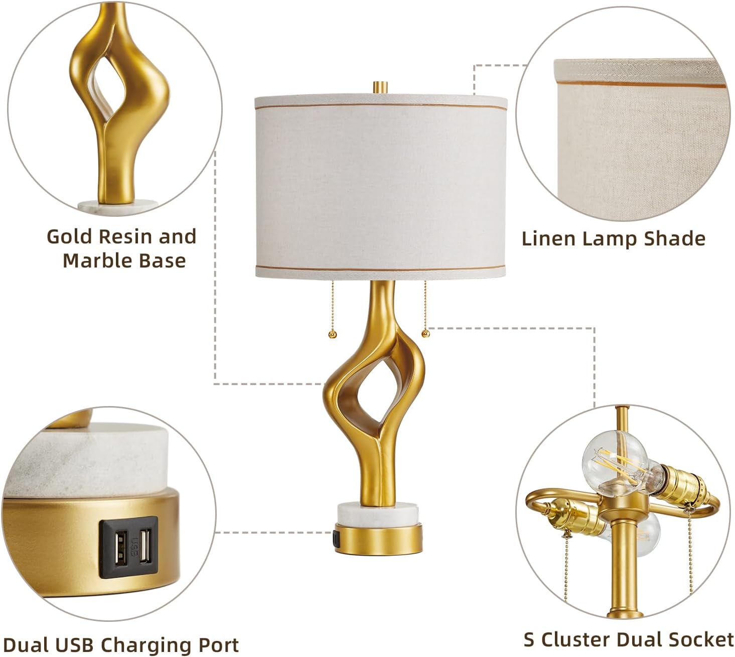 26' Modern Table Lamp Set of 2 for Living Room Bedroom, Gold Sculptural Table Lamp with 2 USB Ports, Resin Desk Lamps Marble Base with Double Pull Chains for Bedside End Tables, Bulb Included