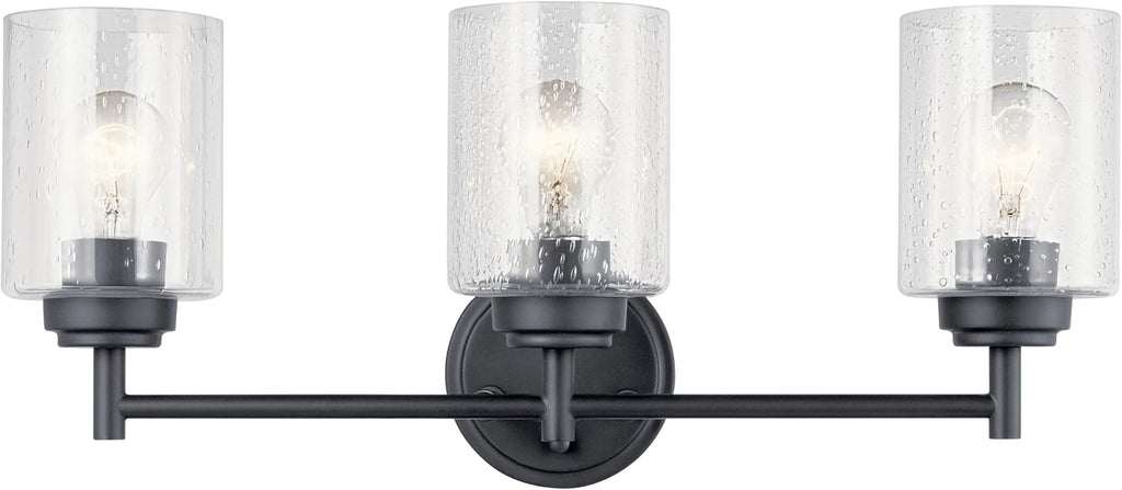 Kichler Winslow 21.5' 3-Light Bathroom Vanity Light Fixture with Clear Seeded Glass in Black, Modern Wall Mount Lighting for Mirror over Vanity in Bathroom, 45886BK