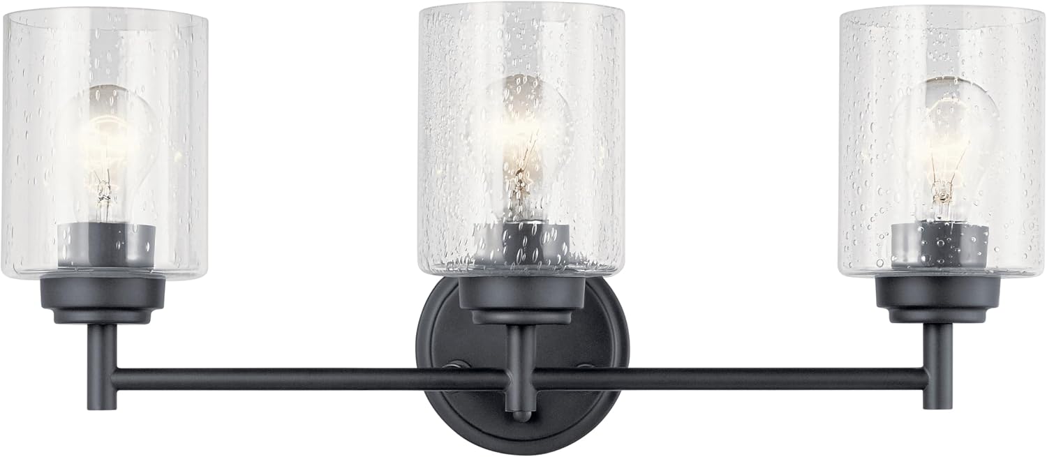 Kichler Winslow 21.5' 3-Light Bathroom Vanity Light Fixture with Clear Seeded Glass in Black, Modern Wall Mount Lighting for Mirror over Vanity in Bathroom, 45886BK