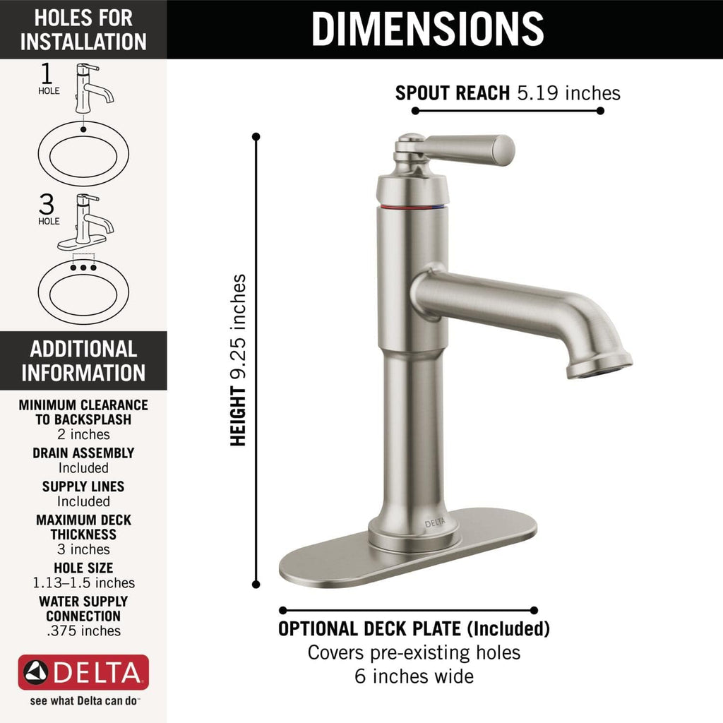 Delta Faucet Saylor Single Hole Bathroom Faucet Brushed Nickel, Single Handle Bathroom Faucet, Bathroom Sink Faucet, Diamond Seal Technology, Drain Assembly, Stainless 536-SSMPU-DST