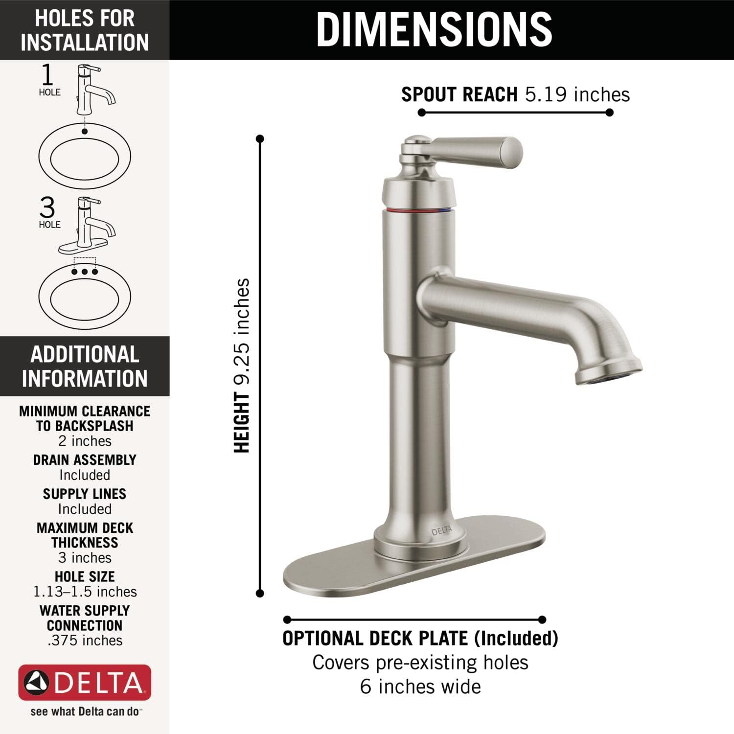 Delta Faucet Saylor Single Hole Bathroom Faucet Brushed Nickel, Single Handle Bathroom Faucet, Bathroom Sink Faucet, Diamond Seal Technology, Drain Assembly, Stainless 536-SSMPU-DST