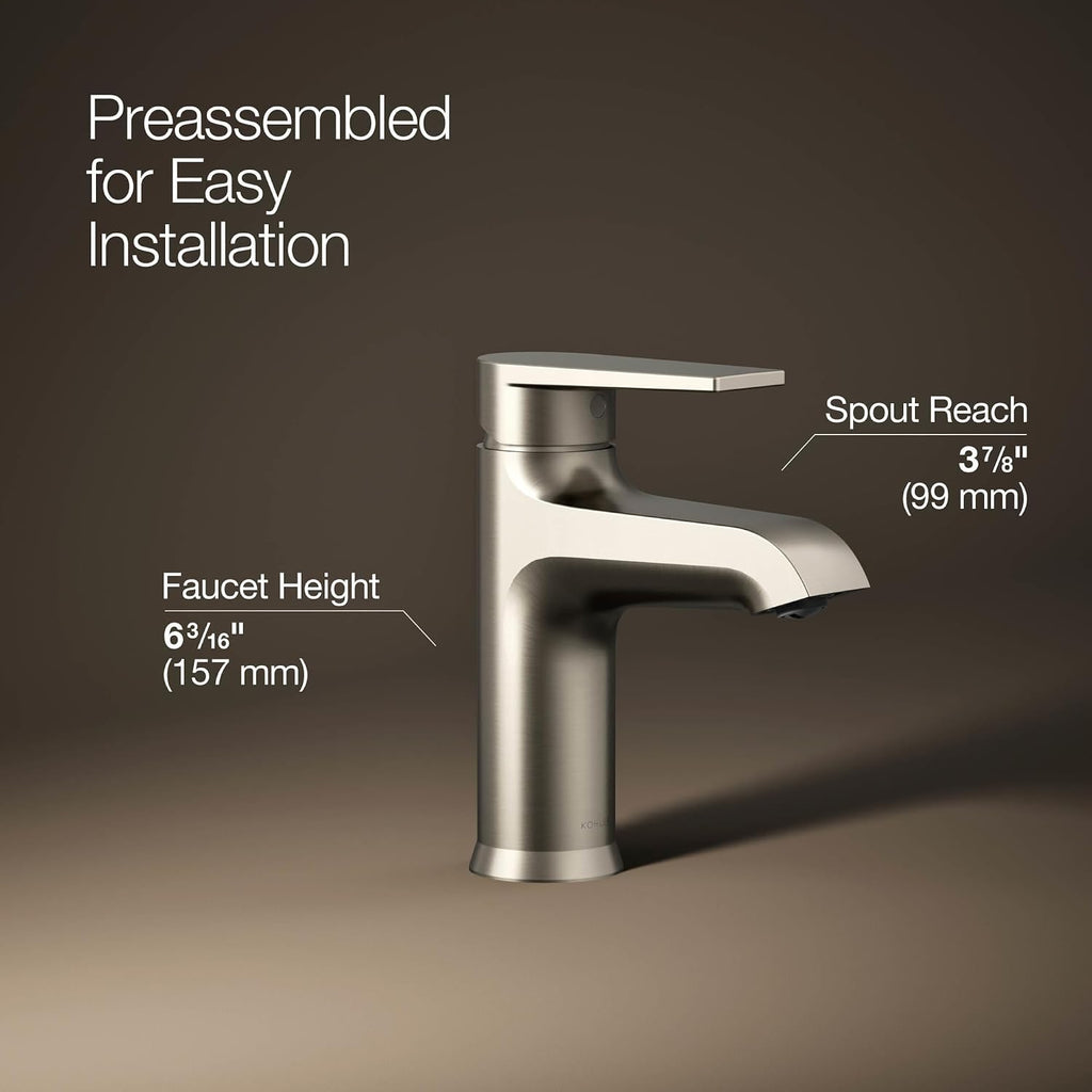 KOHLER K-37891-4-BN Hint® Single-Handle Bathroom Sink Faucet, Single Lever Handle Bathroom Faucets, 1.2 GPM, Vibrant Brushed Nickel