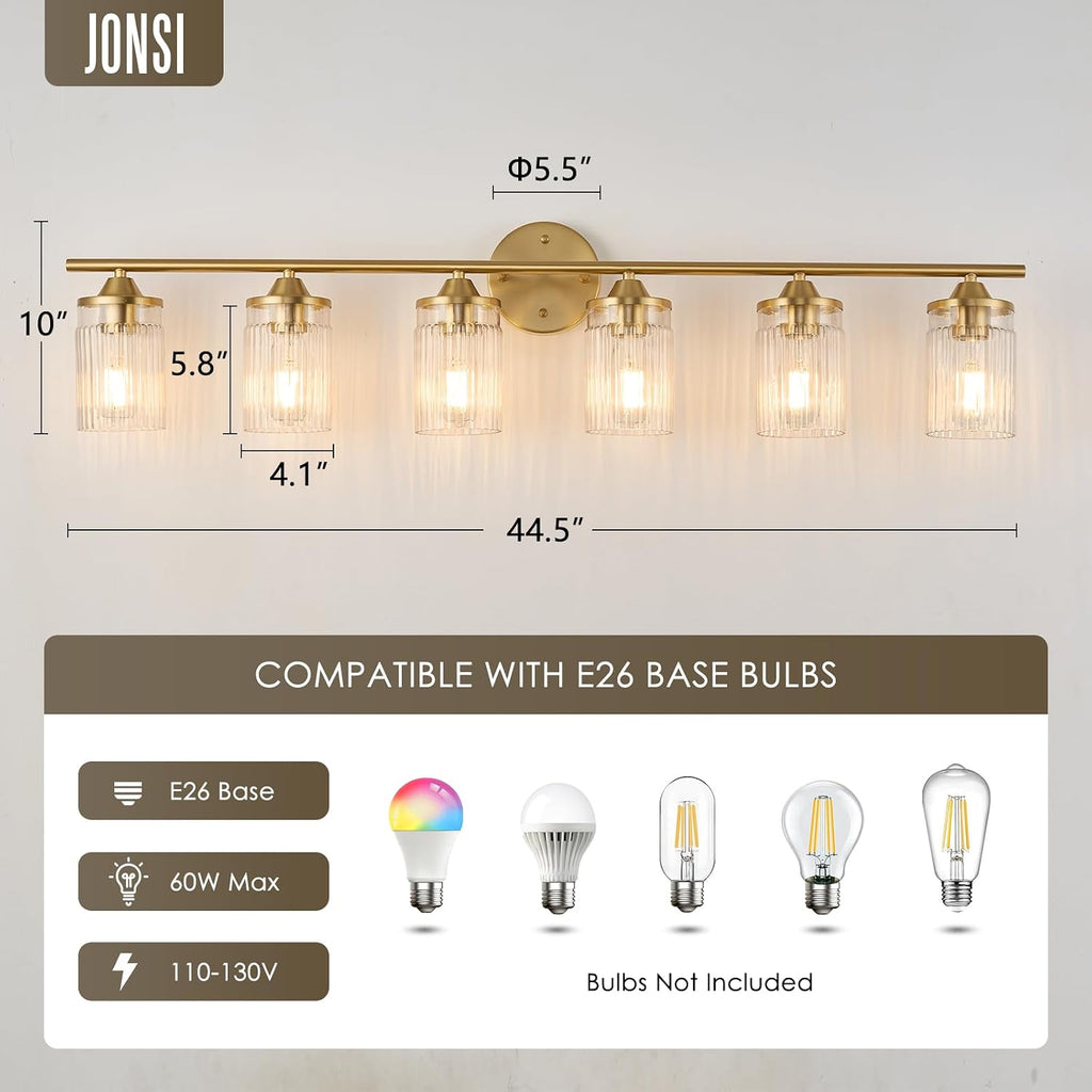 Jonsi Gold Bathroom Light Fixtures 6-Light Vanity Lights Modern Wall Sconce with Clear Glass Shade Brushed Brass Bathroom Light Fixture Over Mirror for Bedroom Hallway Kitchen