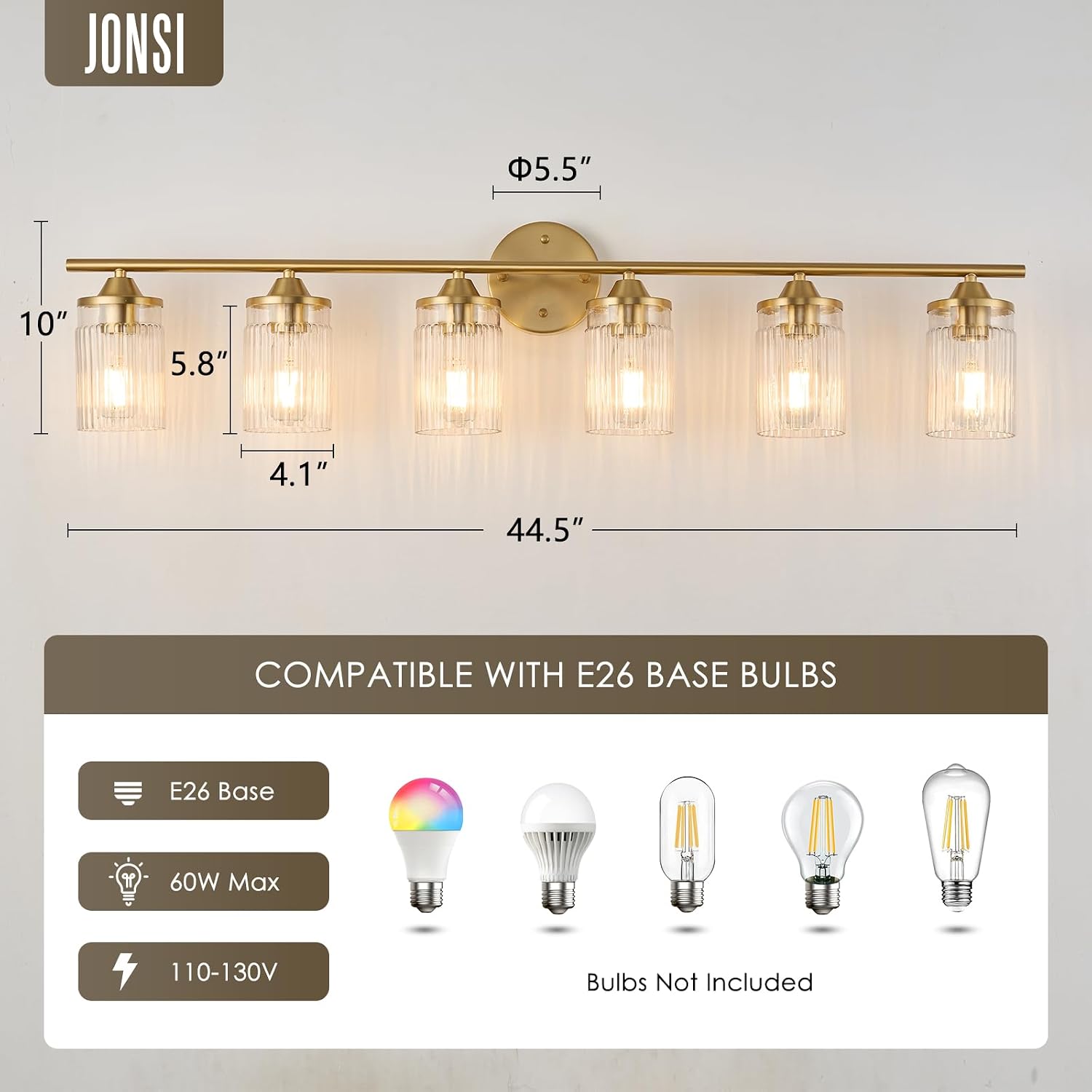 Jonsi Gold Bathroom Light Fixtures 6-Light Vanity Lights Modern Wall Sconce with Clear Glass Shade Brushed Brass Bathroom Light Fixture Over Mirror for Bedroom Hallway Kitchen