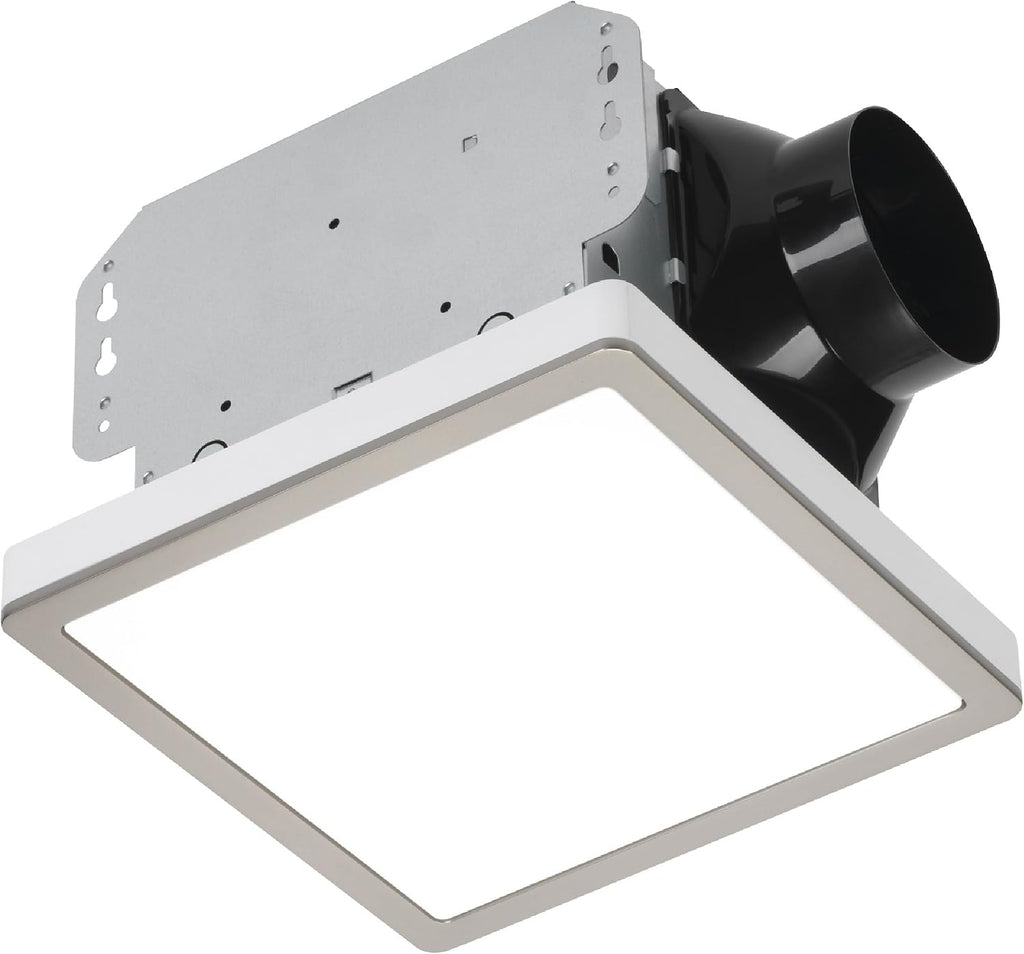 Homewerks 7105-12-BN Bathroom Fan with Light 100-CFM 2 Sones Square Ventilation Fan Dimmable LED Light and Magnetic Trim Ring Brushed Nickel
