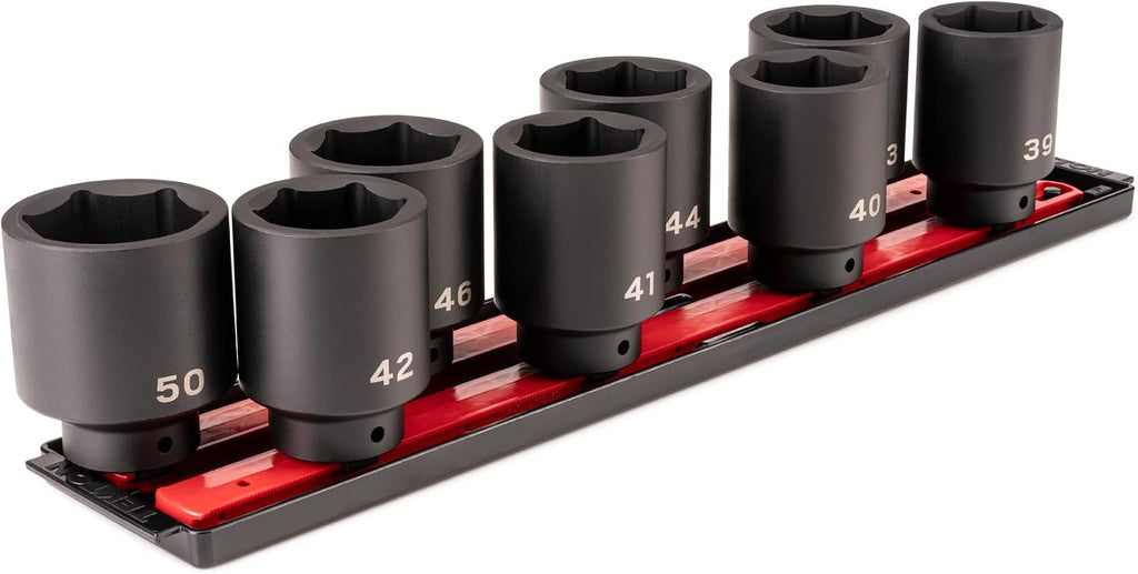 TEKTON 1/2 Inch Drive Deep 6-Point Impact Socket Set with Rails and Tray, 8-Piece (39-50) | SID92111