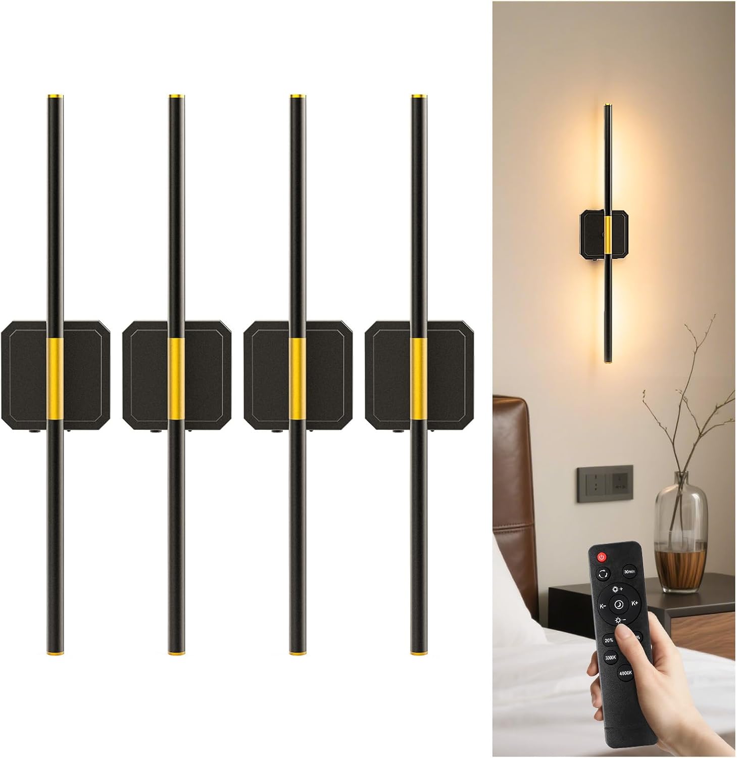 GvvooHome Battery Operated Wall Sconce Detachable 360°Rotate, Wireless Wall Lamp 3000-6500K Dimmable, 10000mAh Rechargeable Wall Light for Bedroom, Living Room，28.3' Black Gold 4 Pack