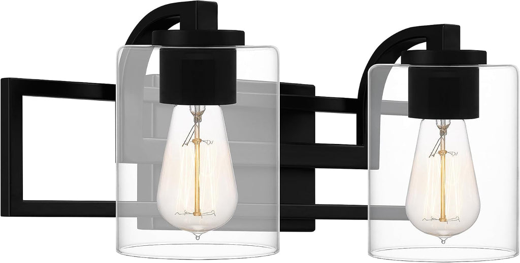 Quoizel Lansdowne Modern Bath Vanity Lights,18.25 Inch 2-Light Matte Black Lighting Fixtures Over Mirror, Clear Glass Shade, 100W, Decorative Wall Light for Bathroom, Dresser, Kitchen or Hallway