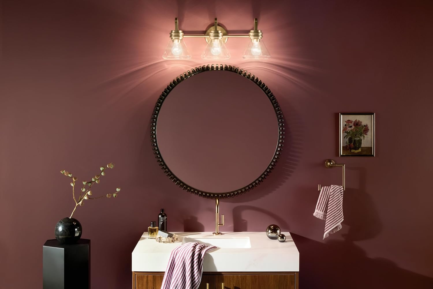 Kichler Farum 26' 3-Light Bathroom Vanity Light Fixture with Clear Glass in Champagne Bronze for Over Mirror, Modern Wall Mount Lighting (26' W x 9.5' H), 55155CPZCLR