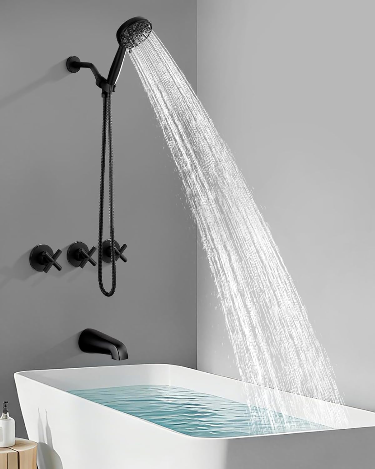 gotonovo 3 Handle Tub Shower Faucet Set,Shower System with Tub Spout,Shower Head and Handle Set with 6 Settings Handheld Spray Tub and Shower Faucet Combo Wall Mount Tub Shower Fixture Matte Black