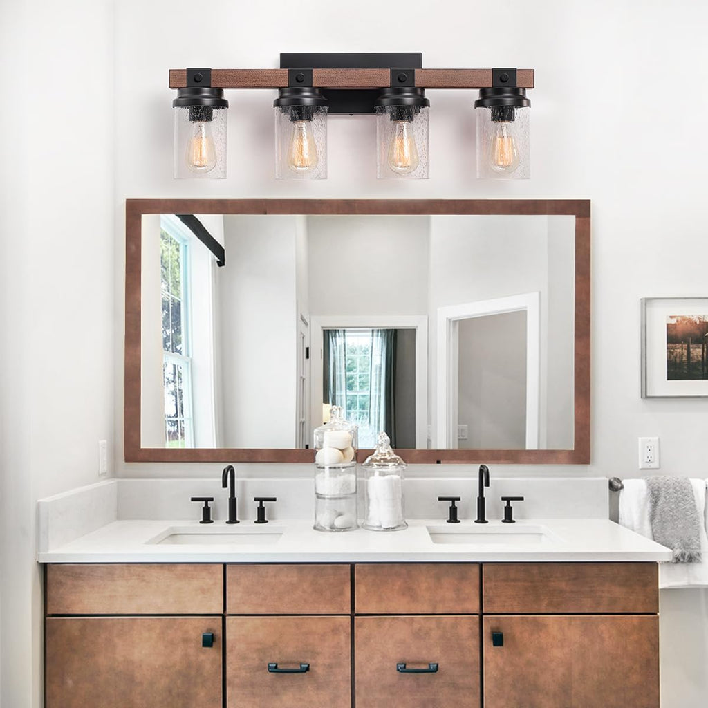 4-Lights Farmhouse Bathroom Vanity Light, Rustic Wood Bathroom Light Fixtures Over Mirror Antique Black Vanity Light with Clear Glass Shade, Farmhouse Wall Sconces Lighting