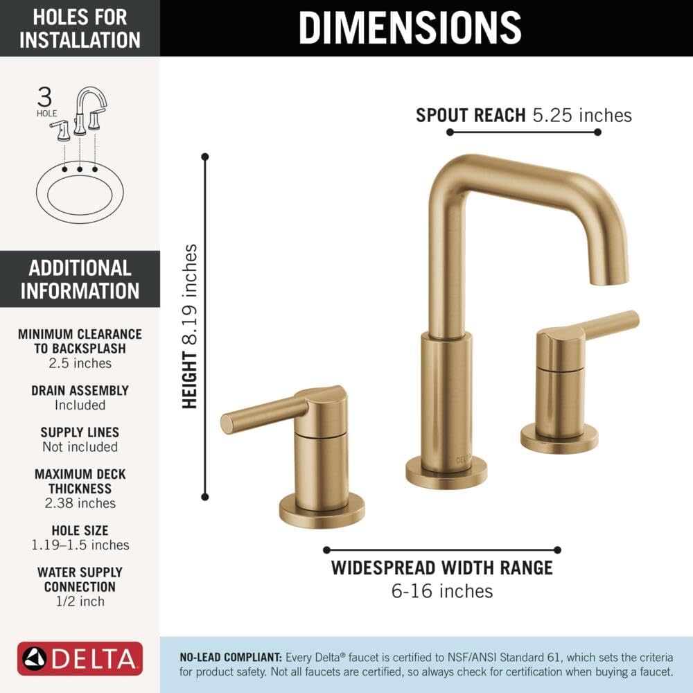 Delta Nicoli Brushed Gold Faucet 3 Hole, 8 Inch Widespread Bathroom Sink Faucet for Vanity, Push-Pop Drain Assembly, Champagne Bronze 35849LF-CZ