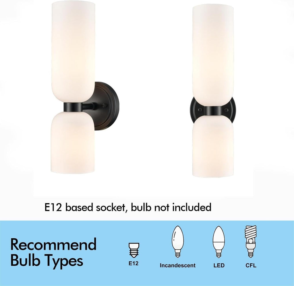 DEYNITE Black Wall Sconces Set of 2 Modern Farmhouse 2-Light Wall Light Bathroom Vanity Light,Milky White Glass Light for Bedroom, Living Room, Kitchen