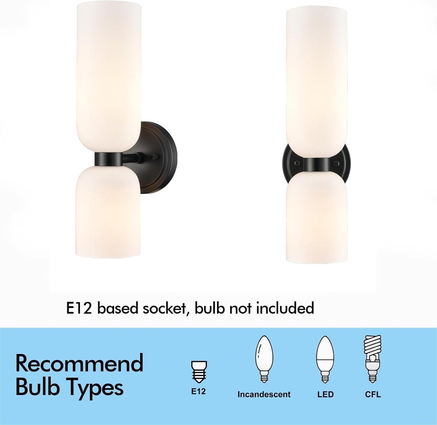 DEYNITE Black Wall Sconces Set of 2 Modern Farmhouse 2-Light Wall Light Bathroom Vanity Light,Milky White Glass Light for Bedroom, Living Room, Kitchen