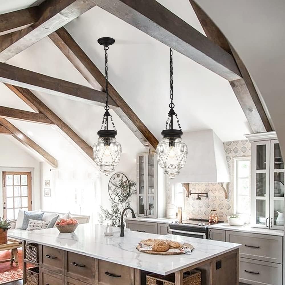 DSMJFU Black Glass Ceiling Pendant Light Kitchen Island Lighting Farmhouse Vintage Hanging Light Fixture for Dining Room, Entryway, Bathroom,Sink, Breakfast Nook
