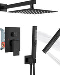 Shower Faucet Set Rainfall Shower System with Square Showerhead and Handle Set Fixture with 2 in 1 Function Handheld Sprayer Wall Mounted Trim Repair Kit Rough-in Valve 10 Inch Matte Black